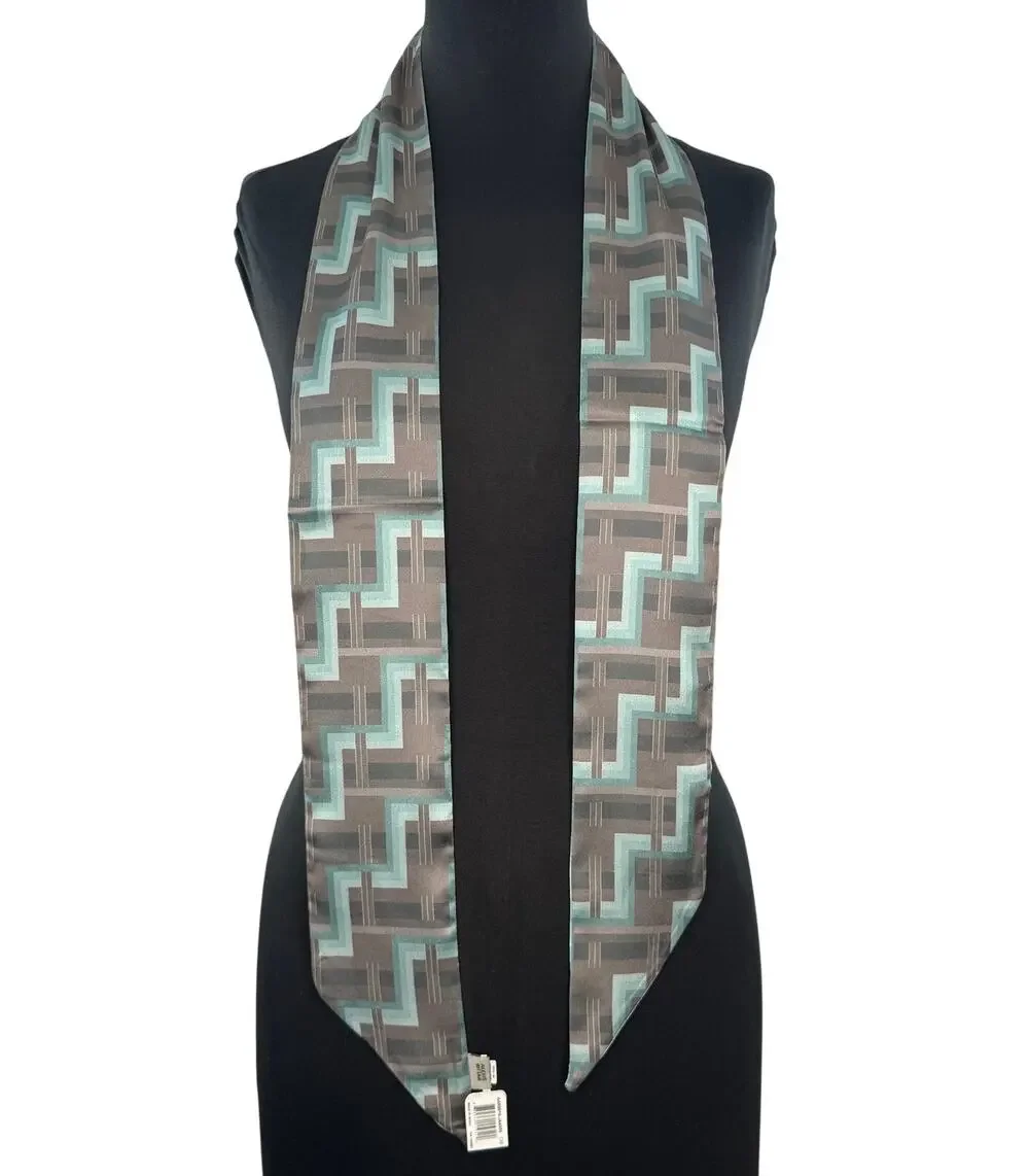 Alexis Bittar Ribbon Hair Scarf Tie Light Blue Gray Deco Grid Casual Party NEW